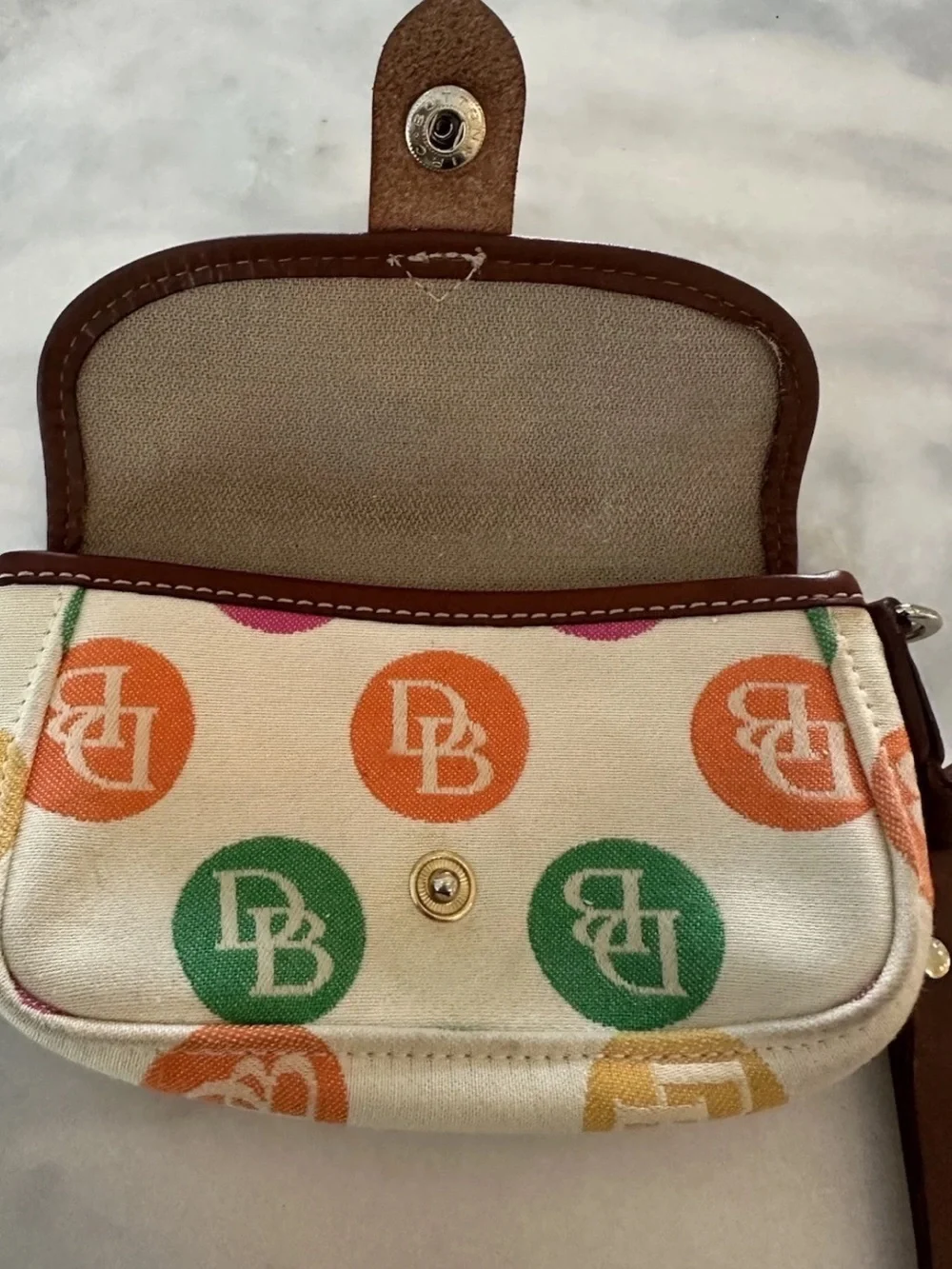 Vintage Dooney & Bourke Rainbow Monogram  Logo Dot Wristlet Cream & Brown Trim